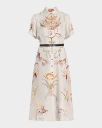Kiera Printed Short-Sleeve Silk Midi Shirtdress