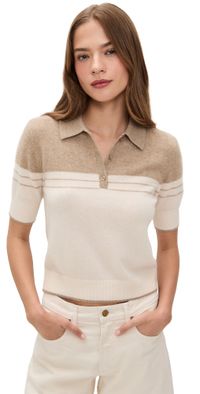 White & Warren Cashmere Polo Top Cream/Taupe S