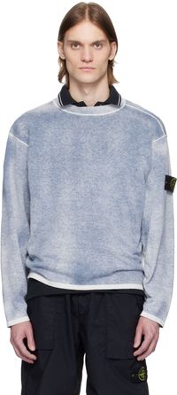 Stone Island Blue & White Raw Hand Light Organic Cotton Sweater