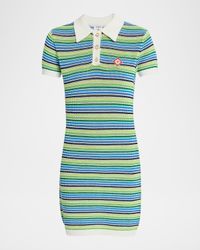 Striped Crochet Short-Sleeve Mini Polo Dress