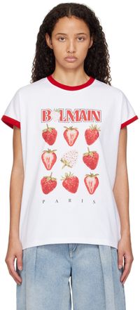 Balmain White Two-Tone 'Balmain' Strawberry Print T-shirt