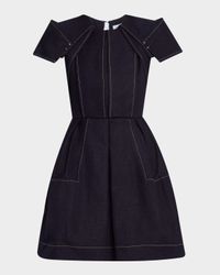 Pleated Denim Short-Sleeve Mini Dress