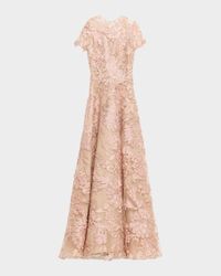 Floral Raffia Embroidered Tulle Short-Sleeve Gown