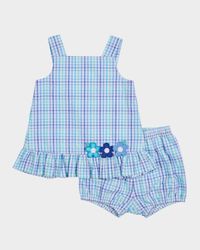 Girl's Flower Plaid Seersucker Dress and Bloomers Set, Size 6M-24M