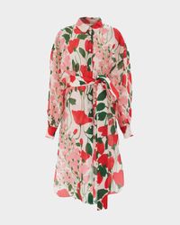 Rose Print Oversized Self-Belt Midi Shirt Dress