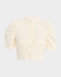Pointelle Knit Puff-Sleeve Crop Cardigan
