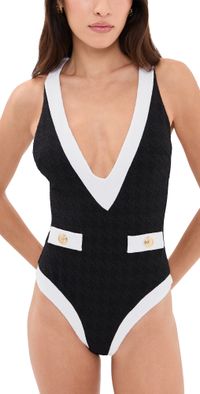 L'AGENCE Lisa Colorblock Chic Plunge One Piece Black XL