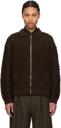 YOKE Brown Random Jacquard Front Zip Cardigan