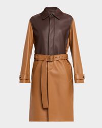 Bi-Color Leather Belted Long Trench Coat