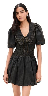 GANNI Garment Dyed Cotton Mini Smock Bubble Dress Black 32