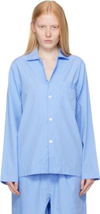 Tekla Blue Poplin Long-Sleeved Pyjama Shirt