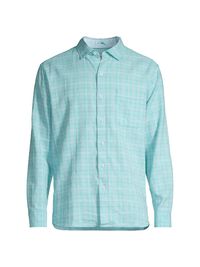 Men's Barbados Breeze Plaid Linen-Blend Shirt - Blue Freeze - Size XXL