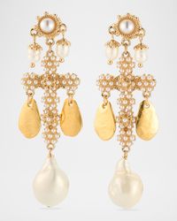 White Pearl Gold Leaf Cross Post Earrings