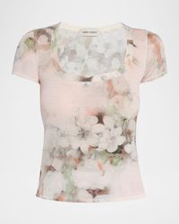 Floral-Print Lightweight Merino Wool Short-Sleeve Sweater