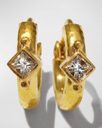 19K Baby Hammered Hoop Earrings with Princess Cut Diamonds
