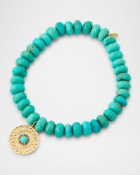 Turquoise Bead Bracelet with Diamond Marquise Eye Open Wheel Charm