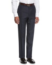 Wool Flat-Front Trousers, Navy