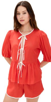 Dress To Tie Front Blouse Guara Red/Off White S