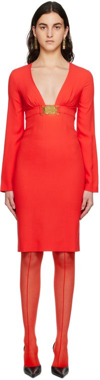 Moschino Red Double Smiley V-Neck Midi Dress