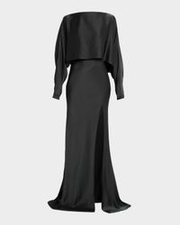 Dolman-Sleeve Satin Cape Gown