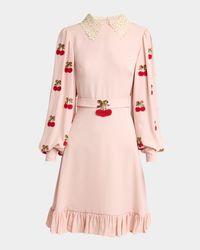 Cherry Embroidered Georgette Balloon-Sleeve Mini Dress