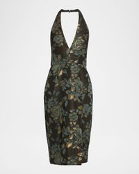 Deep V-Neck Stretch Jacquard Sheath Midi Dress