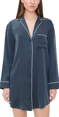 Lunya Long Sleeve Button Down Silk Shirt Dress Deep Blue XS