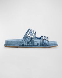 FF Embroidered Denim Dual Buckle Slide Sandals