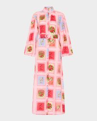 Noddy Belted Stamp-Print Linen Maxi Shirtdress