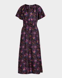 Floral-Print Flutter-Sleeve Midi Silk Dress