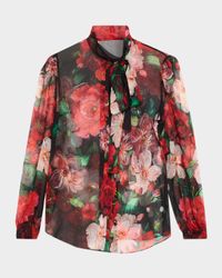 Rose Bouquet Chiffon Neck-Tie Blouse
