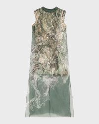 Printed Organza Sleeveless Midi Dress With Crinkle Foil Lining