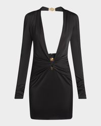 Plunging Safety-Pin Ruched Responsible Liquid Jersey Mini Dress