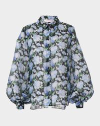 Floral Silk Puff-Sleeve Button-Down Shirt