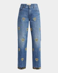 Embroidered Heart Denim Pants with Floral Boarder