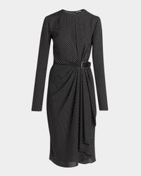 Polka Dot Silk Gathered Buckle Midi Dress