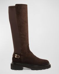 Stretch Suede Buckle Knee Boots
