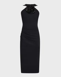 Bodycon Flower-Embellished Halter Midi Dress