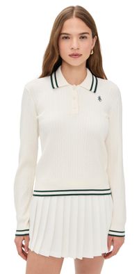 Sporty & Rich SRC Mini Cable Long Sleeve Polo Ecru/Forest S