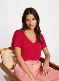 Morgan - Pull Col V manches courtes - Taille XL - Rose