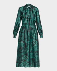 Ruched Paisley Satin Neck-Tie Midi Shirtdress