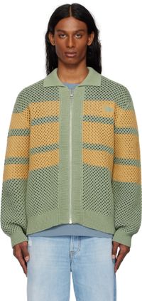 Maison Kitsuné Blouson kaki en tricot à mailles ouvertes à rayures