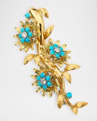 Estate 18K Yellow Gold and Platinum Turquoise Floral Pin with Diamonds