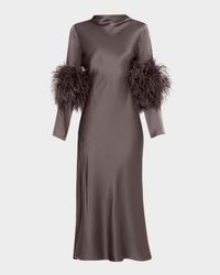 Feather-Trim Long-Sleeve Satin Bias Midi Dress
