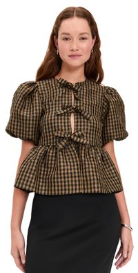 GANNI Crinkled Taffeta Check Peplum Blouse Tobacco Brown 42