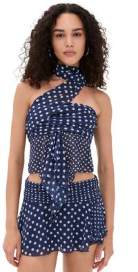 GUIZIO Chiffon Wrap Around Top Navy Polka Dot M