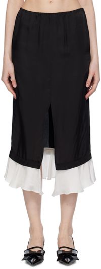 Pushbutton Black Frilled Hem Midi Skirt