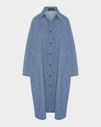 Denim Wide A-Line Back-Pleat Shirtdress With Collar