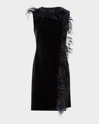 Neoprene Velvet Feather-Trim Asymmetric Mini Dress