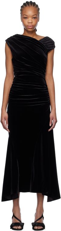 GANNI Black Velvet Ruched Maxi Dress